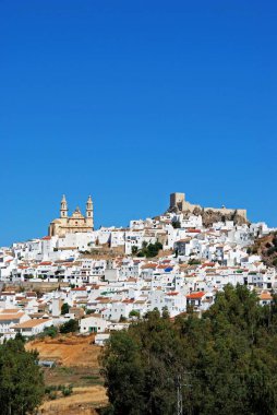 Önünde tarım arazisi olan beyaz kasaba manzarası, Olvera, Cadiz Eyaleti, Endülüs, İspanya, Batı Avrupa.