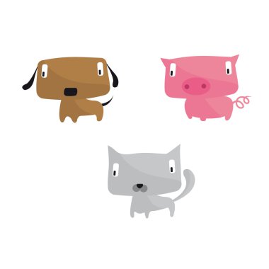 Domuz, köpek ve kedi gibi karikatür hayvanlar kümesi