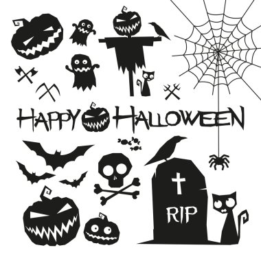 Cadılar Bayramı öğeleri. Mutlu Cadılar Bayramı vektör çizim. Cadılar Bayramı Balkabağı. Cadılar Bayramı kedi. Cadılar Bayramı korkuluk. Cadılar Bayramı yarasalar. Mutlu halloween metin. Beyaz arka planda siyah Cadılar Bayramı öğeleri.