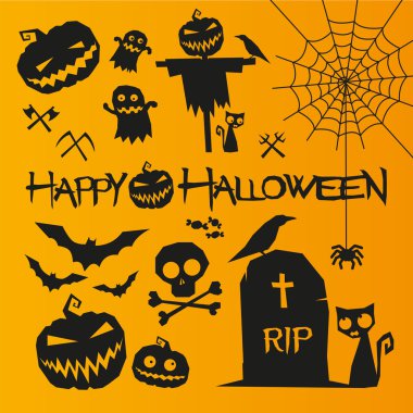 Cadılar Bayramı öğeleri. Mutlu Cadılar Bayramı vektör çizim. Cadılar Bayramı Balkabağı. Cadılar Bayramı kedi. Cadılar Bayramı korkuluk. Cadılar Bayramı yarasalar. Mutlu halloween metin. Cadılar Bayramı öğeleri turuncu arka plan üzerinde siyah.