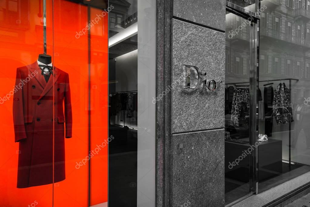 Milan, Italy - October 8, 2016: Shop window of a Dior shop in Milan - Montenapoleone area, Italy. Few days after Milan Fashion Week. Fall Winter 2017 Collection.
