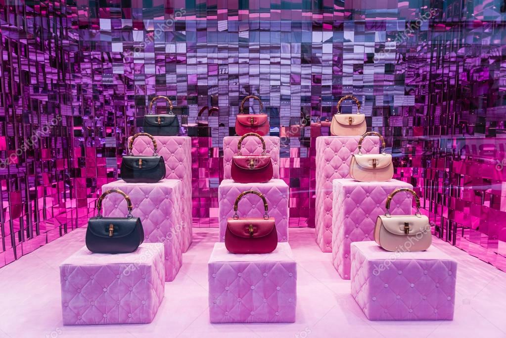 Milan, Italy - February 28, 2017: Shop window of a Gucci shop in Milan - Montenapoleone area, Italy. Few days after Milan Fashion Week. Gucci Bags Spring Summer 2017 Collection.