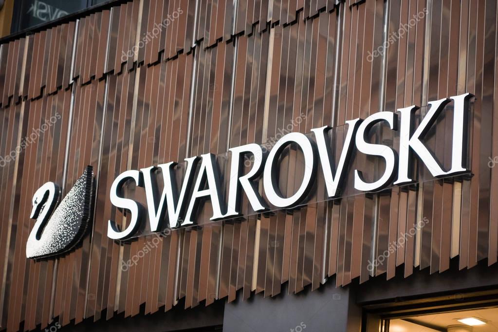 Milan, Italy - February 28, 2017: Shop window of a Swarovski logo on a Swarovski store in Milan