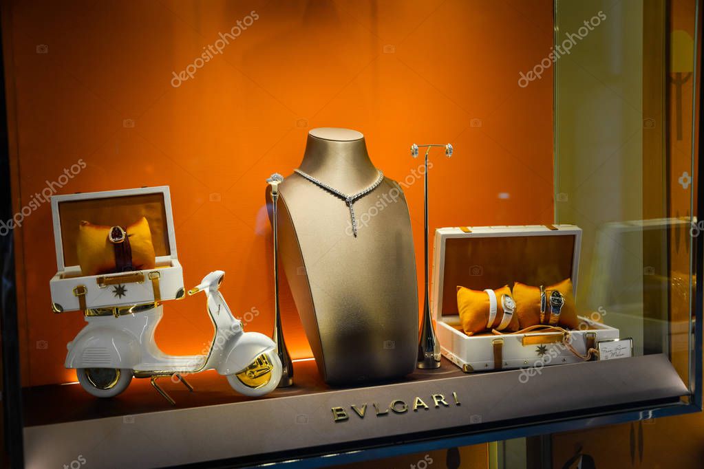 Milan, Italy - September 24, 2017:  Bulgari store in Milan. Fashion week Bvlgari shopping