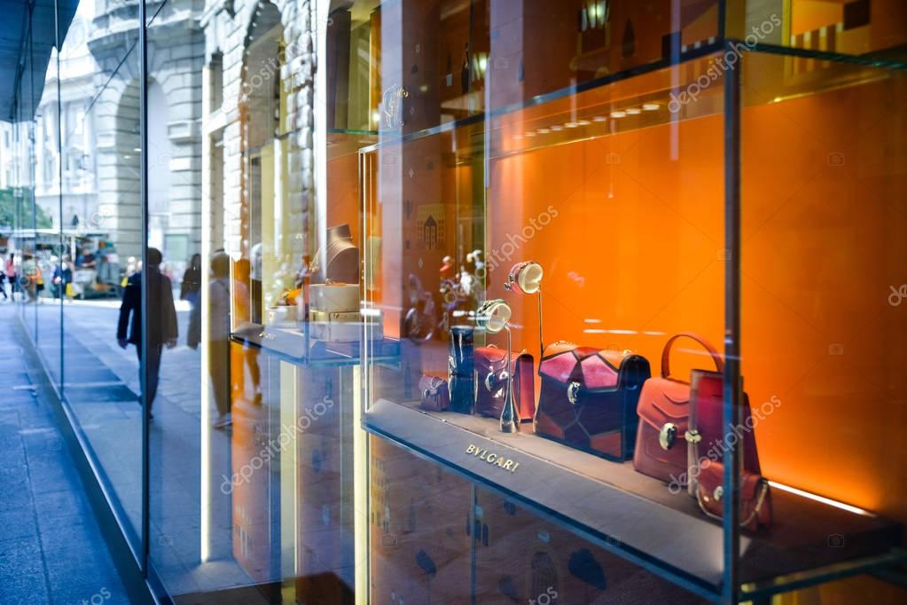 Milan, Italy - September 24, 2017:  Bulgari store in Milan. Fashion week Bvlgari shopping