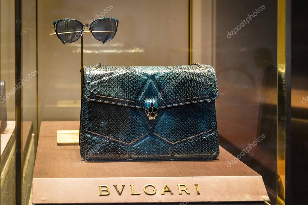 Milan, Italy - September 24, 2017:  Bulgari store in Milan. Fashion week Bvlgari shopping