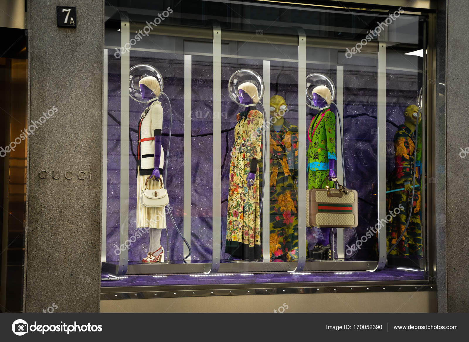 Milan, Italy - February 28, 2017: Shop Window Of A Gucci Shop In Milan -  Montenapoleone Area, Italy. Few Days After Milan Fashion Week. Gucci Bags  Spring Summer 2017 Collection. Stock Photo