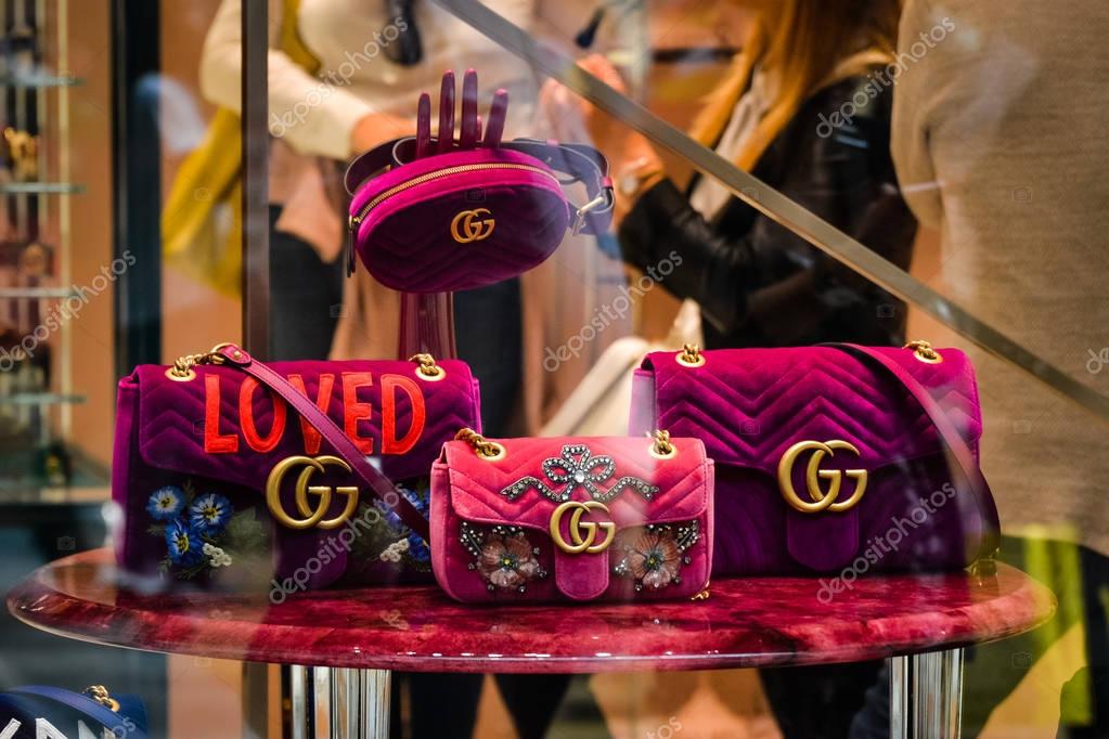 Milan, Italy - September 24, 2017:  Gucci store in Milan. Fashion week Gucci shopping