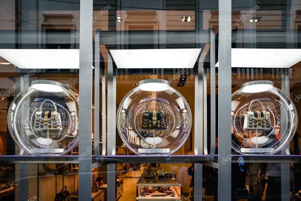 Milan, Italy - September 24, 2017:  Gucci store in Milan. Fashion week Gucci shopping