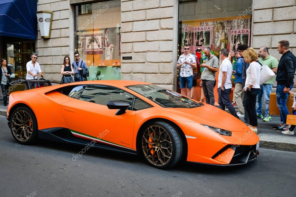 Milan, Italy - September 24, 2017:  Lamborghini car in Montenapoleone street. Lamborghini logo visible