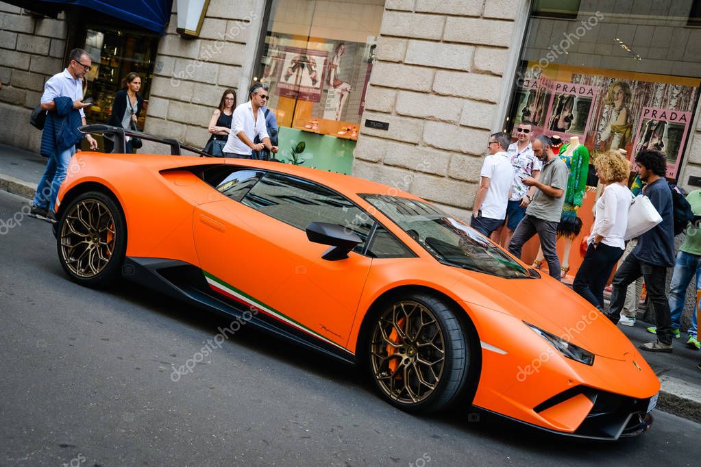 Milan, Italy - September 24, 2017:  Lamborghini car in Montenapoleone street. Lamborghini logo visible