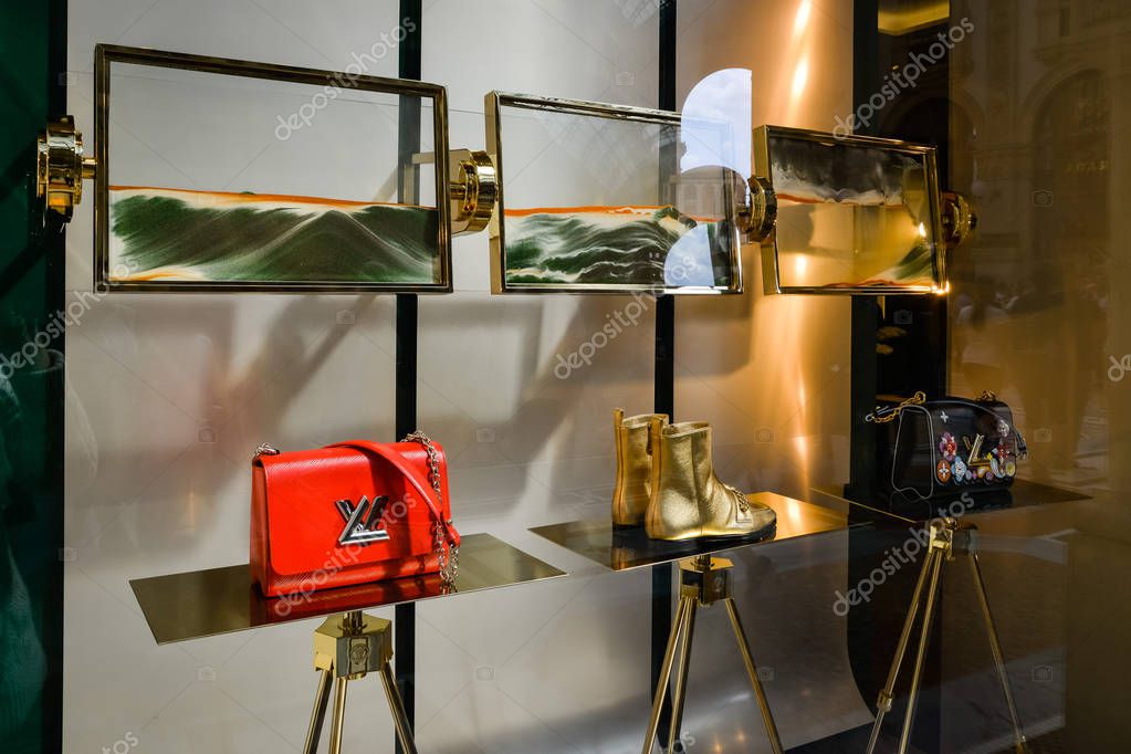 Milan, Italy - September 24, 2017:  Louis Vuitton store in Milan. Fashion week Louis Vuitton shopping