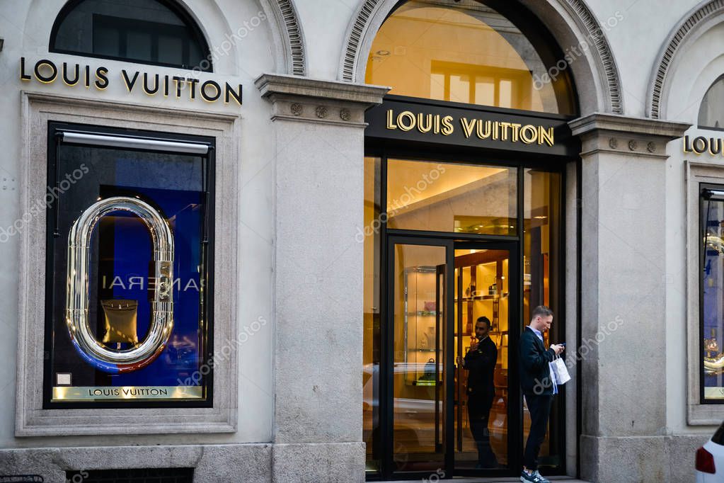 Milan, Italy - September 24, 2017:  Louis Vuitton store in Milan. Fashion week Louis Vuitton shopping