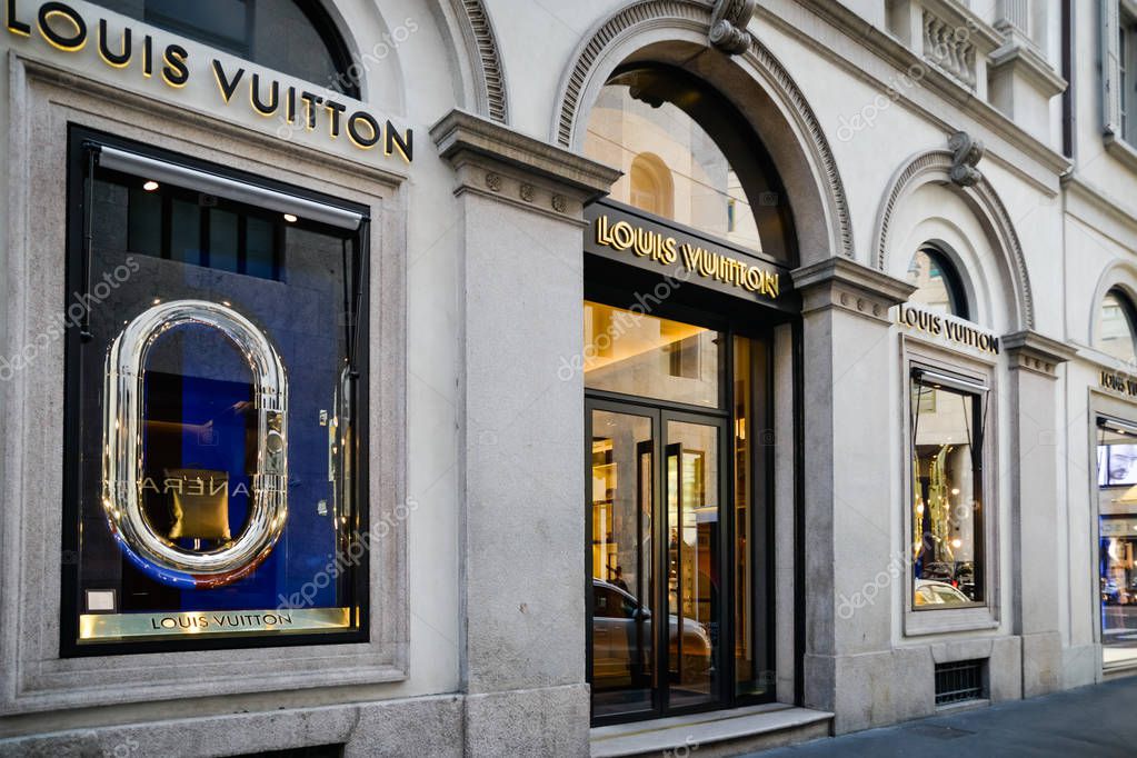 Milan, Italy - September 24, 2017:  Louis Vuitton store in Milan. Fashion week Louis Vuitton shopping
