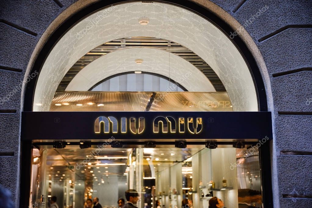 Milan, Italy - September 24, 2017:  Miu Miu store in Milan. Fashion week Miu Miu shopping