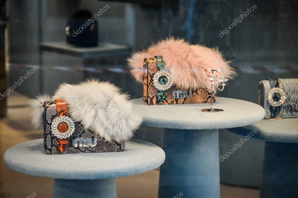 Milan, Italy - September 24, 2017:  Miu Miu store in Milan. Fashion week Miu Miu shopping