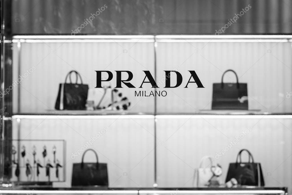 Milan, Italy - September 24, 2017:  Prada store in Milan. Fashion week Prada shopping