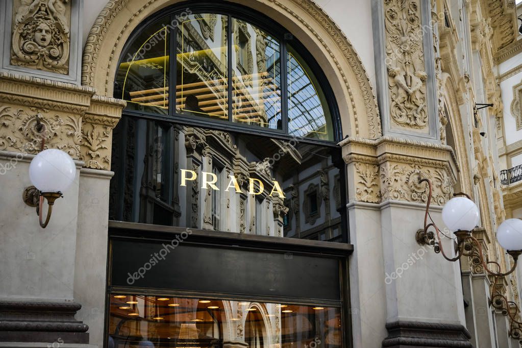 Milan, Italy - September 24, 2017:  Prada store in Milan. Fashion week Prada shopping