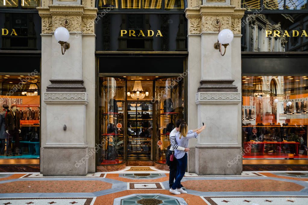 Milan, Italy - September 24, 2017:  Prada store in Milan. Fashion week Prada shopping