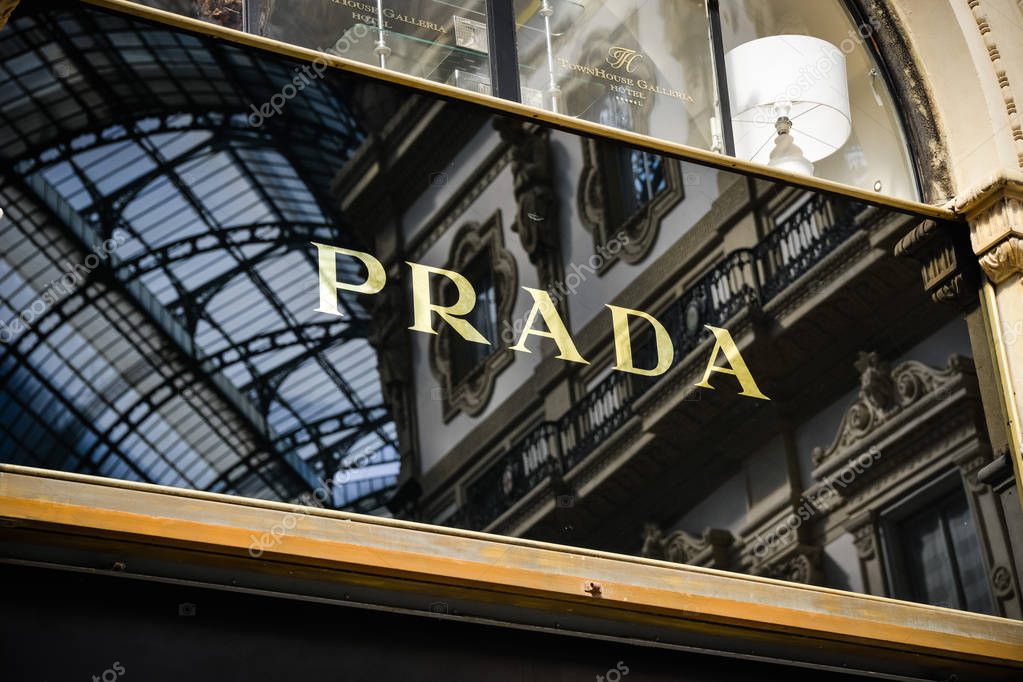 Milan, Italy - September 24, 2017:  Prada store in Milan. Fashion week Prada shopping