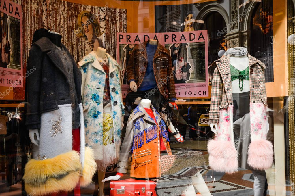 Milan, Italy - September 24, 2017:  Prada store in Milan. Fashion week Prada shopping