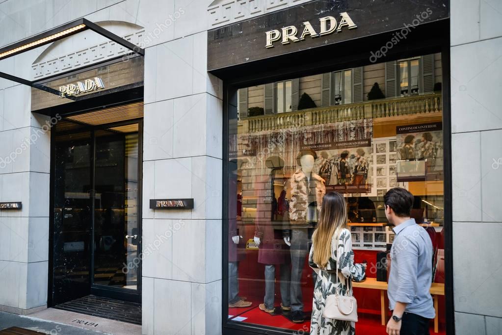 Milan, Italy - September 24, 2017:  Prada store in Milan. Fashion week Prada shopping