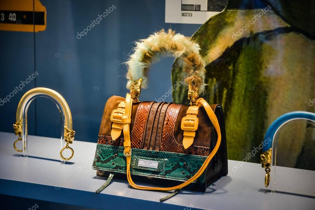 Milan, Italy - September 24, 2017:  Prada store in Milan. Fashion week Prada shopping