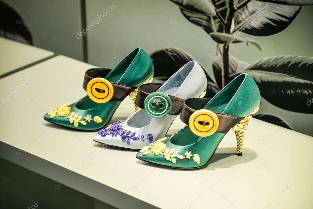 Milan, Italy - September 24, 2017:  Prada store in Milan. Fashion week Prada shopping