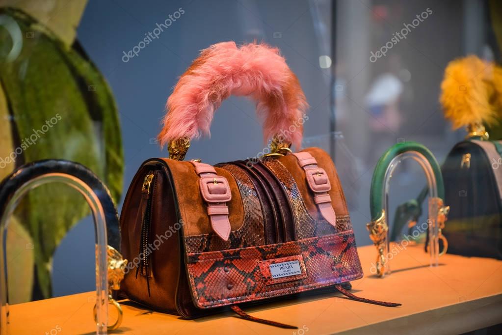 Milan, Italy - September 24, 2017:  Prada store in Milan. Fashion week Prada shopping