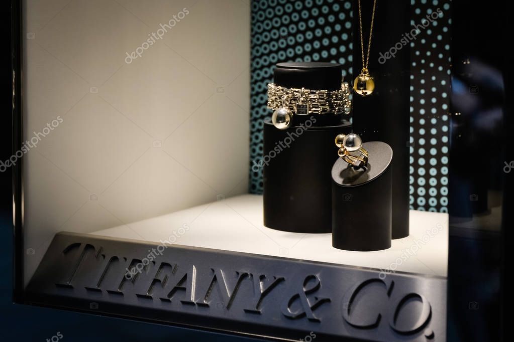 Milan, Italy - September 24, 2017:  Tiffany store in Milan. Fashion week Tiffany shopping