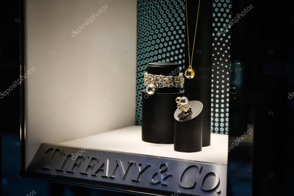Milan, Italy - September 24, 2017:  Tiffany store in Milan. Fashion week Tiffany shopping