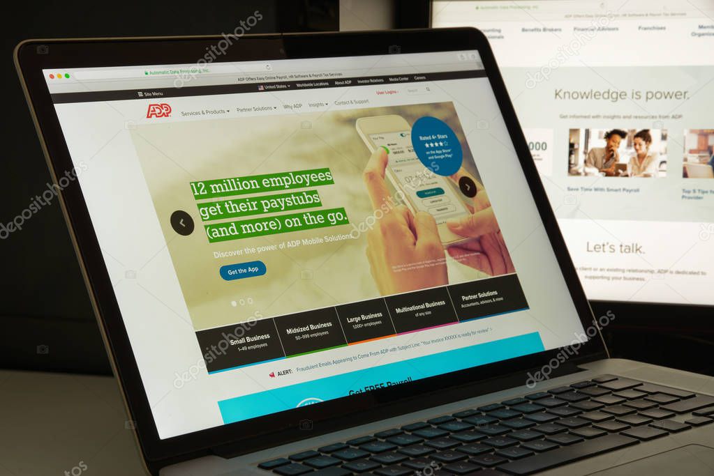 Milan, Italy - August 10, 2017: Automatic data processing services website homepage. It is an American provider of human resources management software and services . Adp logo visible.