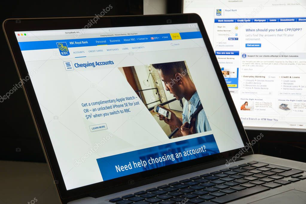 Milan, Italy - August 10, 2017: Royal Bank of Canada website homepage. It is a Canadian multinational financial services company and the largest bank in Canada. RBC bank logo visible.