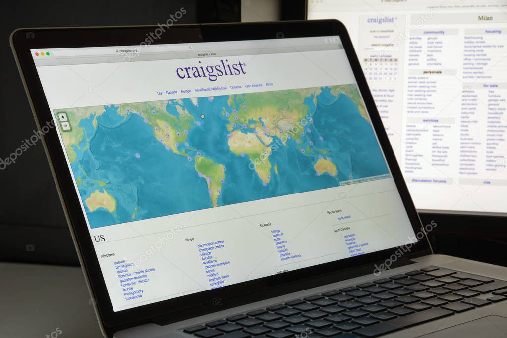 Milan, Italy - August 10, 2017: Craigslist.org website homepage. It is an American classified advertisements website with sections devoted to jobs, housing, personals. Craig's list logo visible.