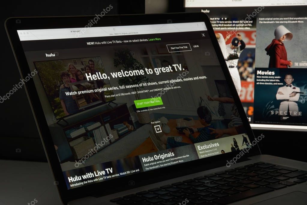 Milan, Italy - August 10, 2017: Hulu website homepage. It is an American subscription video on demand service owned by Hulu LLC. Hulu logo visible.
