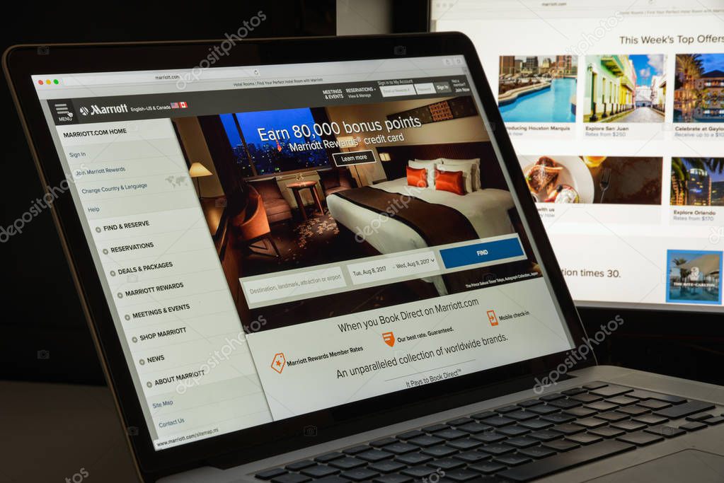 Milan, Italy - August 10, 2017: Marriott website homepage. It is an American multinational diversified hospitality company that manages and franchises a broad portfolio of hotels. Marriott logo visible.