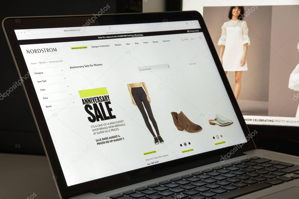 Milan, Italy - August 10, 2017: Nordstrom website homepage. It is an American chain of luxury department stores. Nordstrom logo visible.