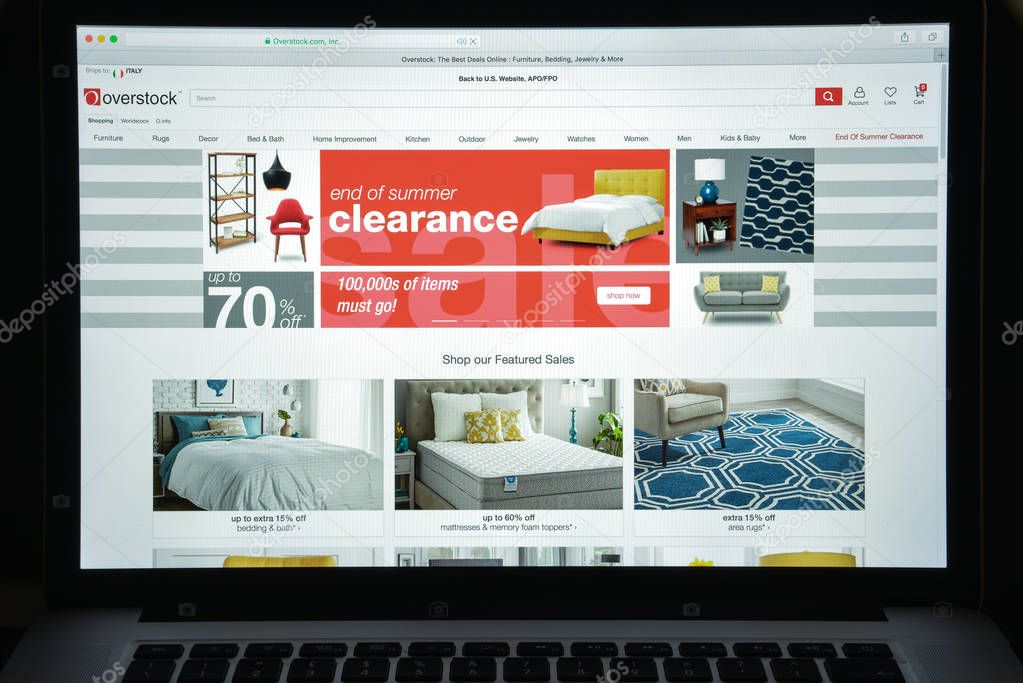 Milan, Italy - August 10, 2017: Overstock website homepage. It is an American internet retailer. Overstock logo visible.