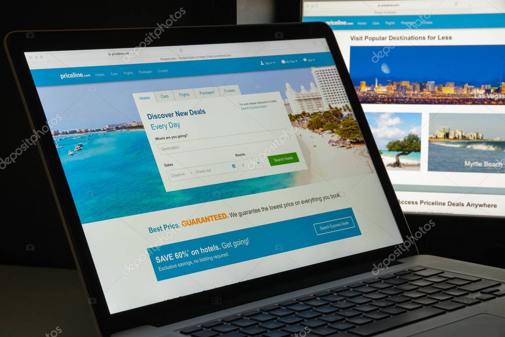 Milan, Italy - August 10, 2017: Priceline website homepage. It is an American company and a commercial website that helps users find discount rates for travel-related purchases . Priceline logo visible.