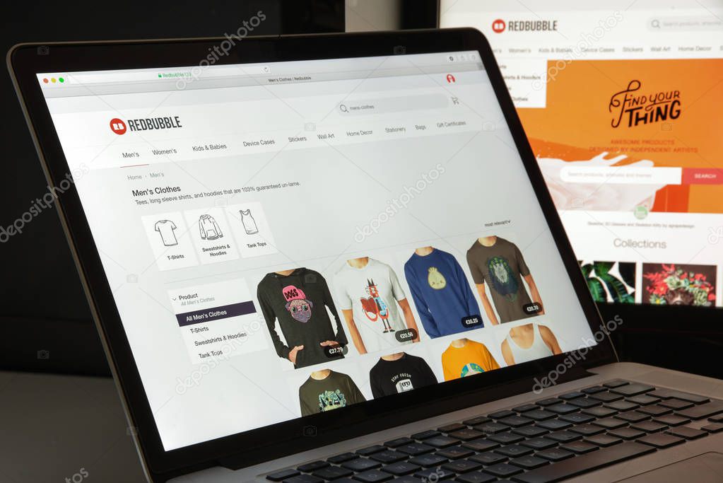 Milan, Italy - August 10, 2017: Redbubble website homepage. It is a global online marketplace for print on demand products based on user submitted artwork. Redbubble logo visible.