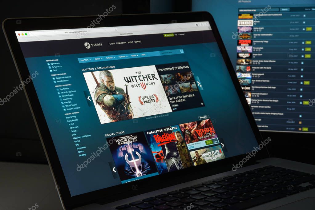 Milan, Italy - August 10, 2017: Steam store website. It is a digital platform by Valve Corporation. Offers digital rights management, multiplayer gaming, video streaming and social network. Steam logo