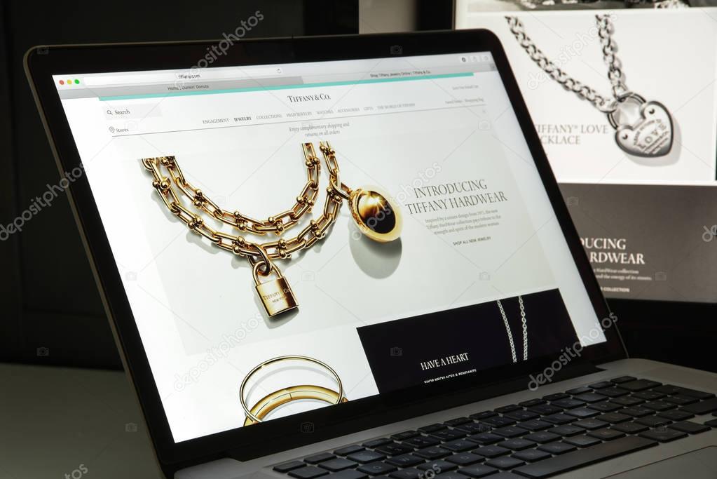 Milan, Italy - August 10, 2017: Tiffany website homepage. It is an American luxury jewelry and specialty retailer. Tiffany logo visible.