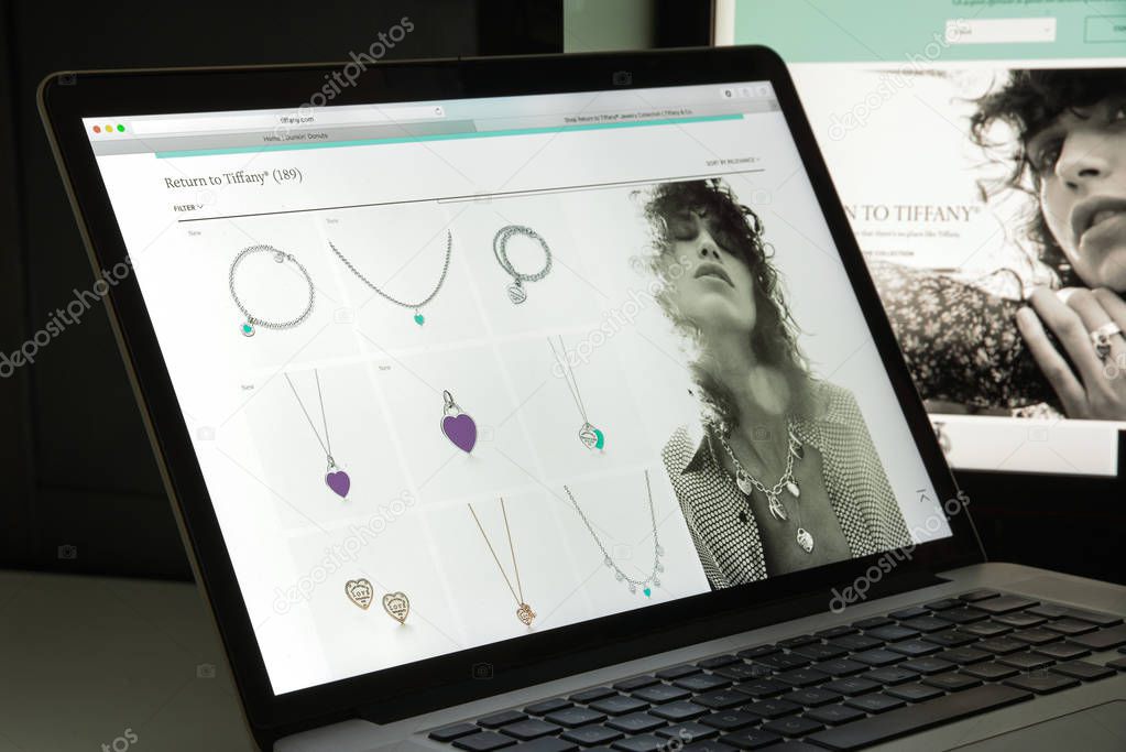 Milan, Italy - August 10, 2017: Tiffany website homepage. It is an American luxury jewelry and specialty retailer. Tiffany logo visible.