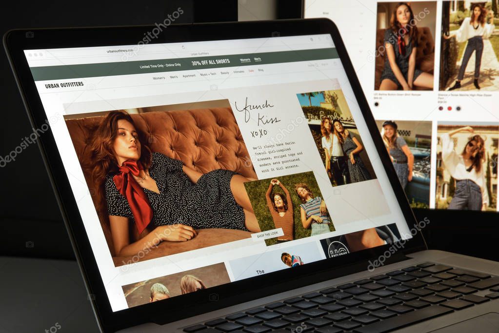 Milan, Italy - August 10, 2017: Urban outfitters website homepage. It is an American multinational clothing corporation. Urban outfitters logo visible.