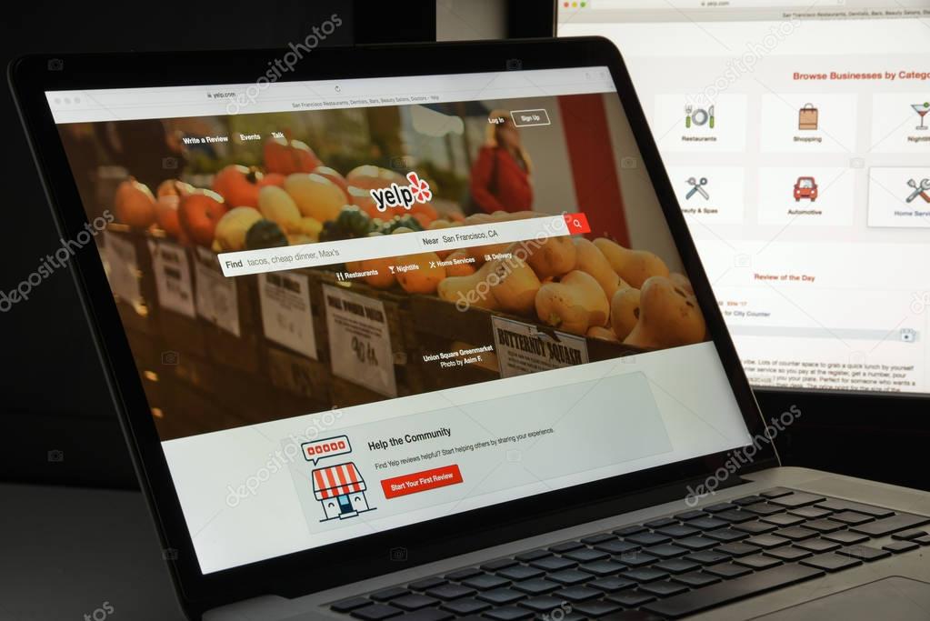 Milan, Italy - August 10, 2017: Yelp website homepage. It is an American multinational corporation. It develops, hosts and markets Yelp.com . Yelp logo visible.