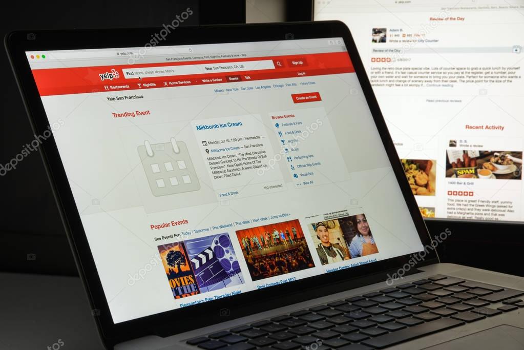 Milan, Italy - August 10, 2017: Yelp website homepage. It is an American multinational corporation. It develops, hosts and markets Yelp.com . Yelp logo visible.