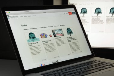 Milan, İtalya - 10 Ağustos 2017: Wikileaks Web sitesi ana. Gizli bilgi ve anonim kaynaklar tarafından sağlanan gizli medya yayınlar uluslararası bir kar amacı gütmeyen organizasyondur. WikiLeaks logosu görünür.