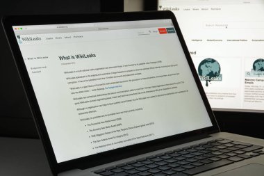 Milan, İtalya - 10 Ağustos 2017: Wikileaks Web sitesi ana. Gizli bilgi ve anonim kaynaklar tarafından sağlanan gizli medya yayınlar uluslararası bir kar amacı gütmeyen organizasyondur. WikiLeaks logosu görünür.