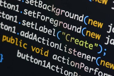 Gerçek Java kodu gelişmekte olan ekran. Programlama iş akışı soyut algoritma kavramı. Java kod görünür satır .