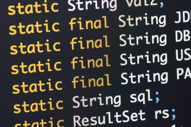 Gerçek Java kodu gelişmekte olan ekran. Programlama iş akışı soyut algoritma kavramı. Java kod görünür satır .